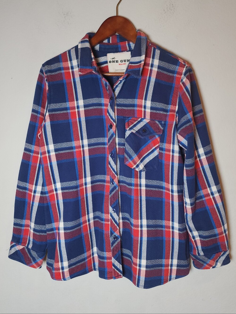 One Gun Ranch Malibu Flannel Mid Weight Button Shirt Shacket Red White Blue M